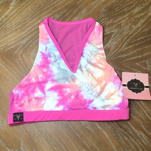 Kandi Kouture Pink Watercolor Print Mesh Crop Bra Dance Top Size TS - Picture 1 of 6
